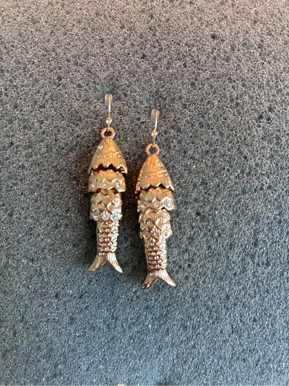 Gold Articulated Fish Dangle Earrings Rhinestone Statement Coastal Jewelry